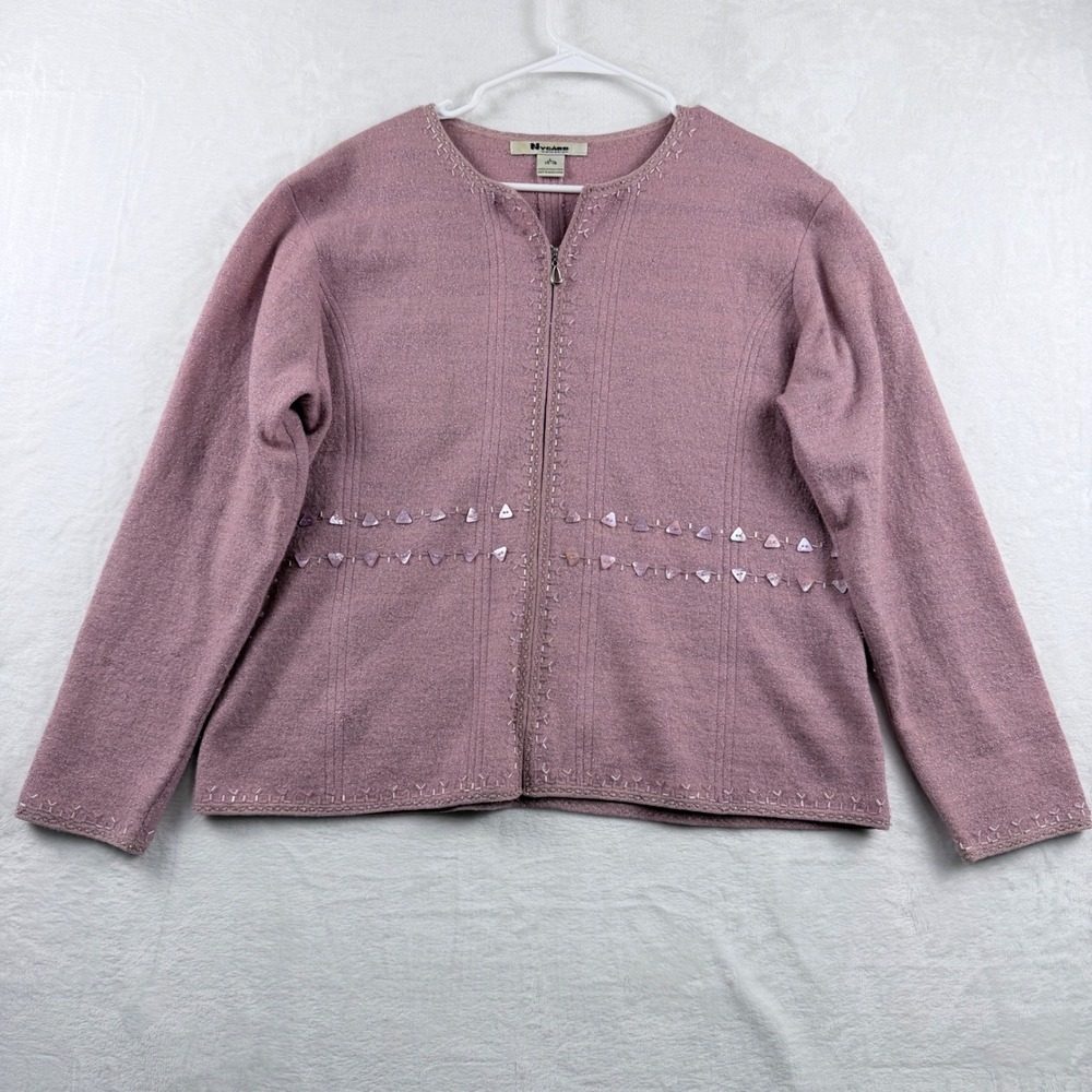 Nygard Collection Cardigan Mauve Pink Metallic Beaded Wool Blend Zip Up Size L